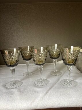 vintage amber or honey-colored cut-to-clear crystal stemware glass
- Set of 5